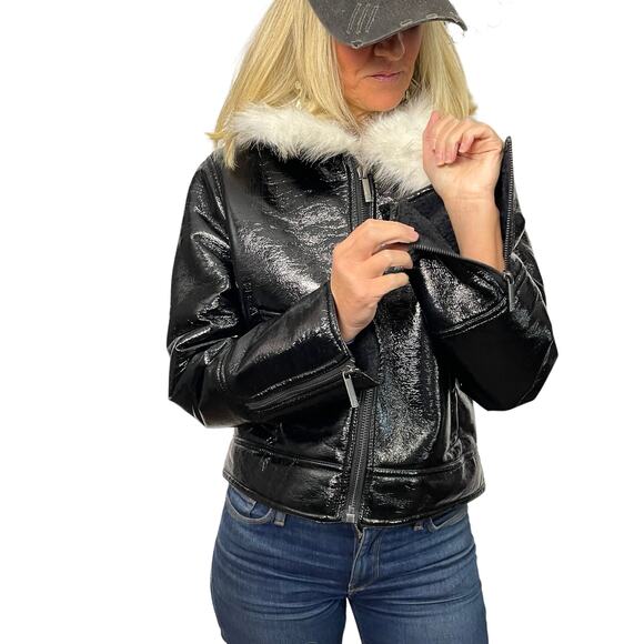 NWOT - Unreal Fur Aviator Wet Look Jacket - Picture 4 of 8